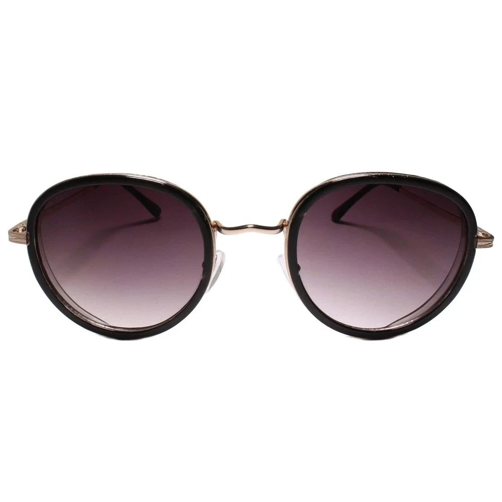 Indie Dapper 80s 90s Retro Vintage Look Round Black & Gold Frame Sunglasses